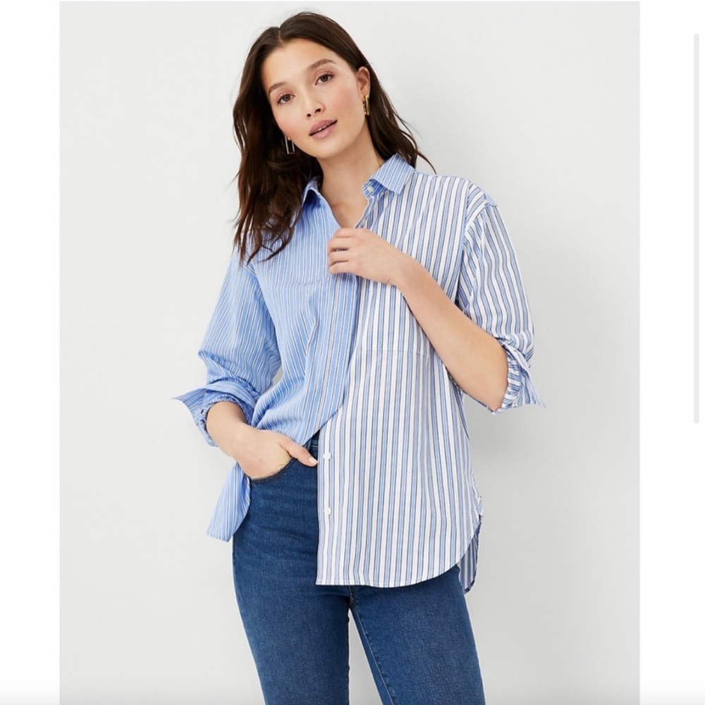 🆕 Ann Taylor Two Tone Striped Poplin Sz L
